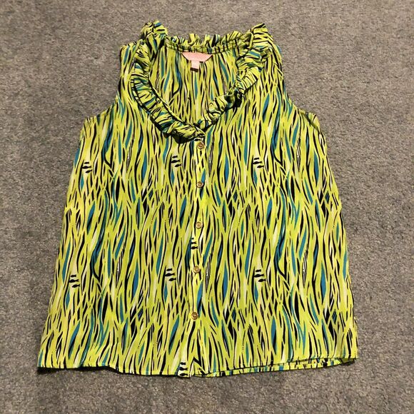 Lilly Pulitzer Silk Sleeveless Top 0 Green Blue Ruffle Button Front - Picture 10 of 11